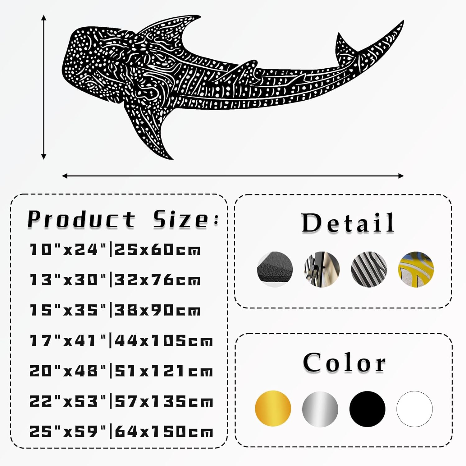 Whale Shark Metal Wall Art, Whale Shark Wall Decor, Shark Themed Modern Design Wall Decor, Marine Life Metal Wall Art, Ocean Wall Art, Bathroom Wall Art, Wildlife Lover Gift (25"x59"|64x150cm, Black)