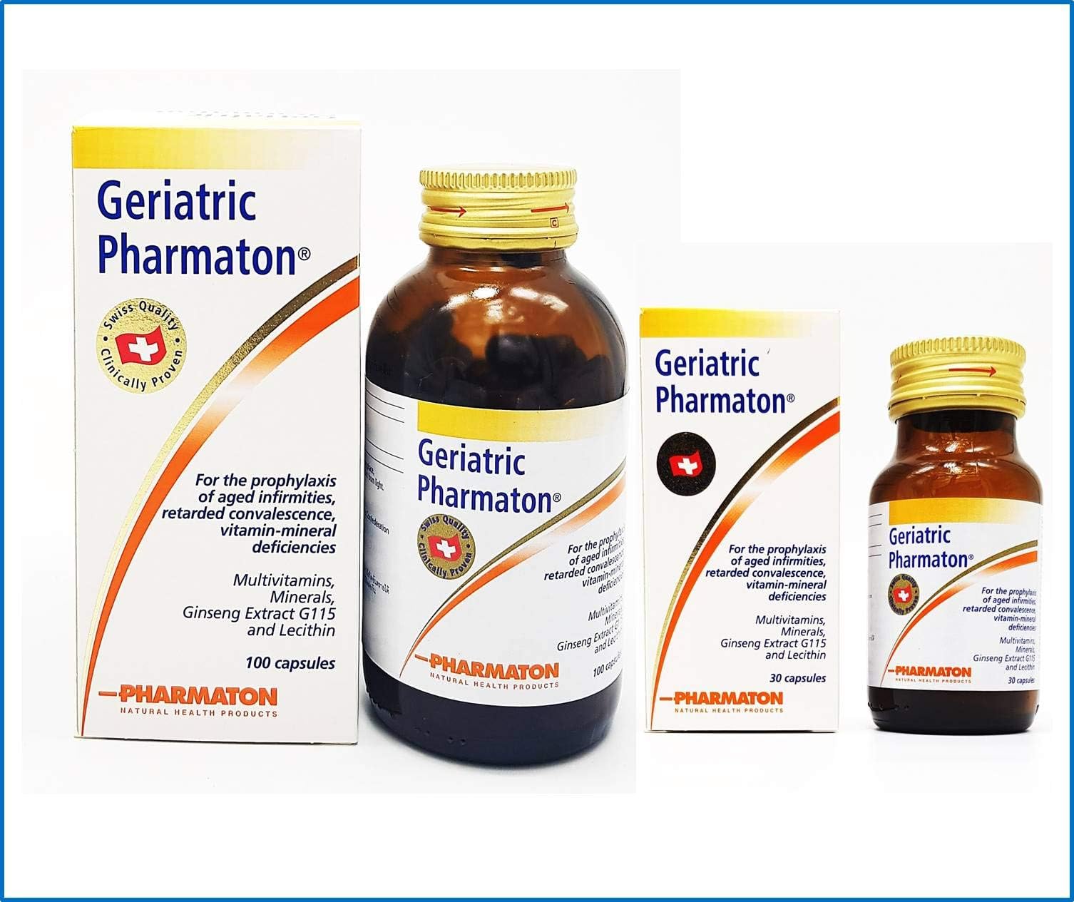 Pharmaton Geraitric Dual Pack for Family (Pack 100 & 30 Capsules) Once Daily Multivitamins + Minerals + Ginseng Extract G115 and Lecithin for Prophylaxis of Aged Infirmities, Fatigue, Exhaustion,