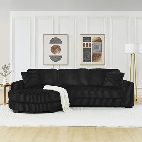 Miniatura 4 de Sofá cama modular en forma de L con almohadas, sofá modular convertible de pana con reposapiés curvado móvil, color negro