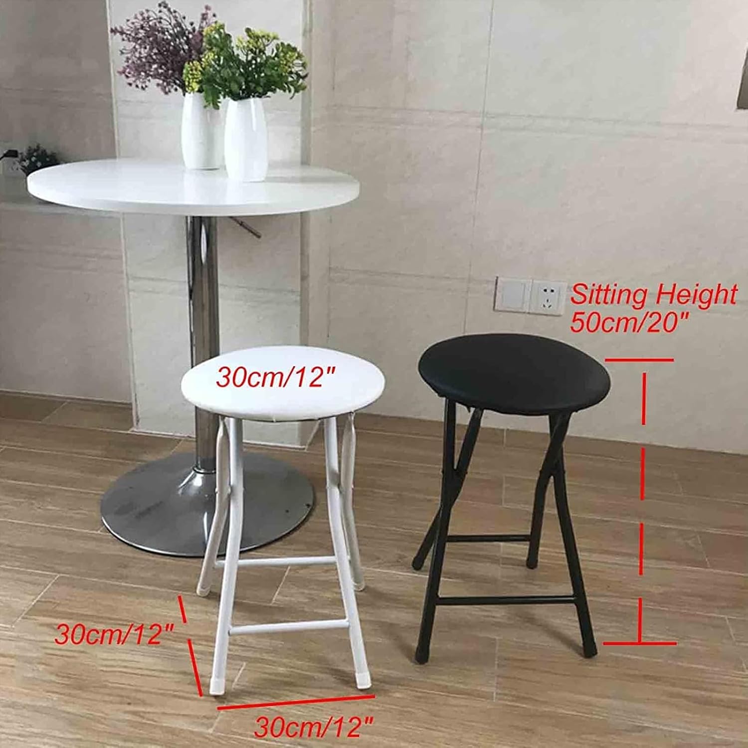 20-Inch Portable Folding Stool PU Seat, Foldable Padded Round Stool, Home Breakfast Kitchen Chair for Dorm, Recreation Game Room (Color : Black)