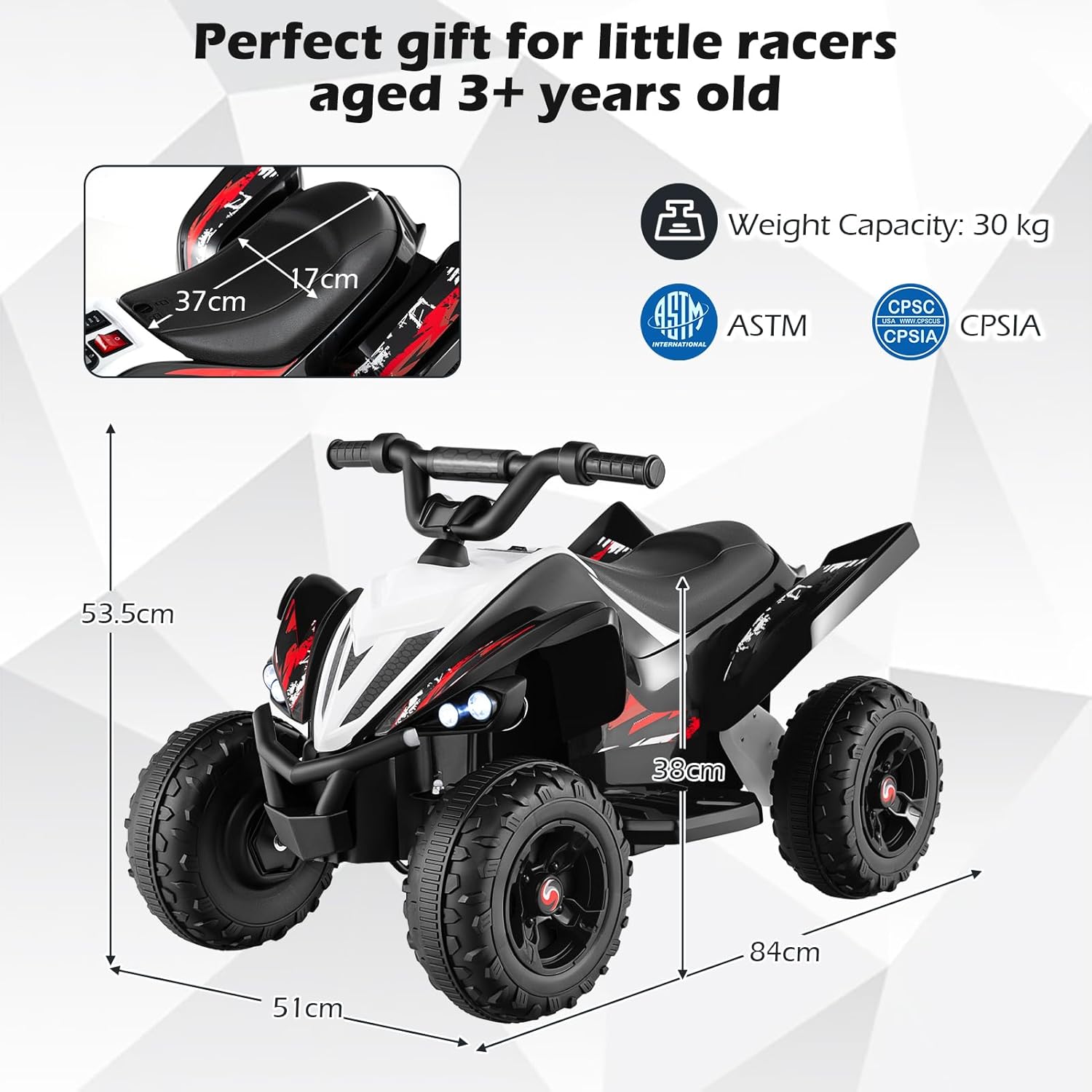 HONEY JOY 12V Ride On ATV, Kids 4 Wheeler Toddler Quad, Soft Start, LED Lights, High/Low Speed, Music, Battery Powered Electric Car, Off-Road Ride On Toy for Big Kids, Gift for Boys Girls (Black)