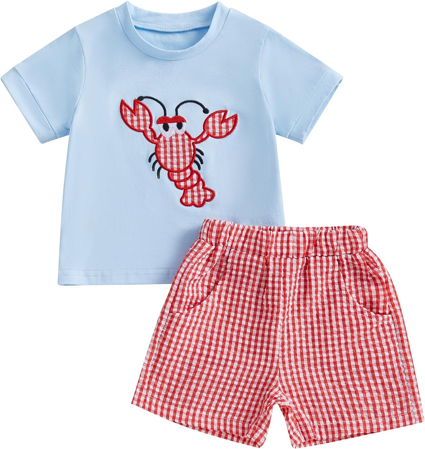 Toddler Baby Boy Summer Outfit Crab Lobster Embroidered Short Sleeve T-Shirts Plaid Shorts Infant Crawfish Clothes