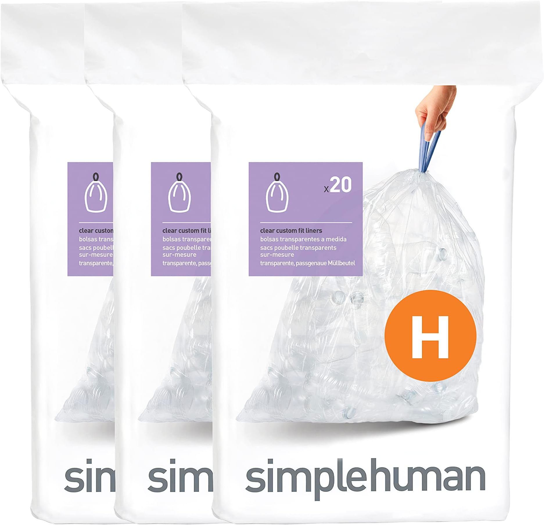 Code H 60 Count, Genuine Custom Fit Liners, Drawstring Trash Bags in Dispenser Packs, 30-35 Liter / 8-9.2 Gallon, Clear