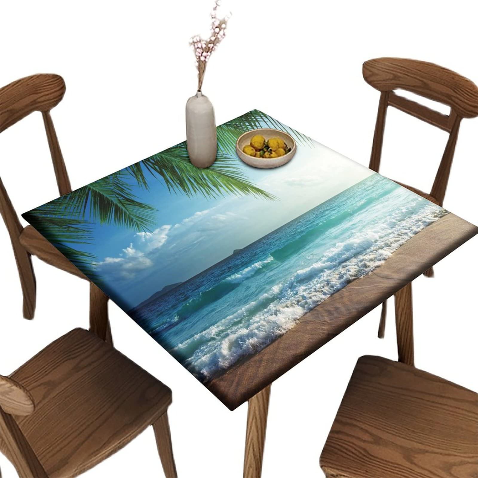 SCGOLD Summer Seaside Polyester Square Fitted Table Cloths, Beach Palms Washable Spill Proof Table Cloth, for Outdoor Picnic Camping and Indoor
