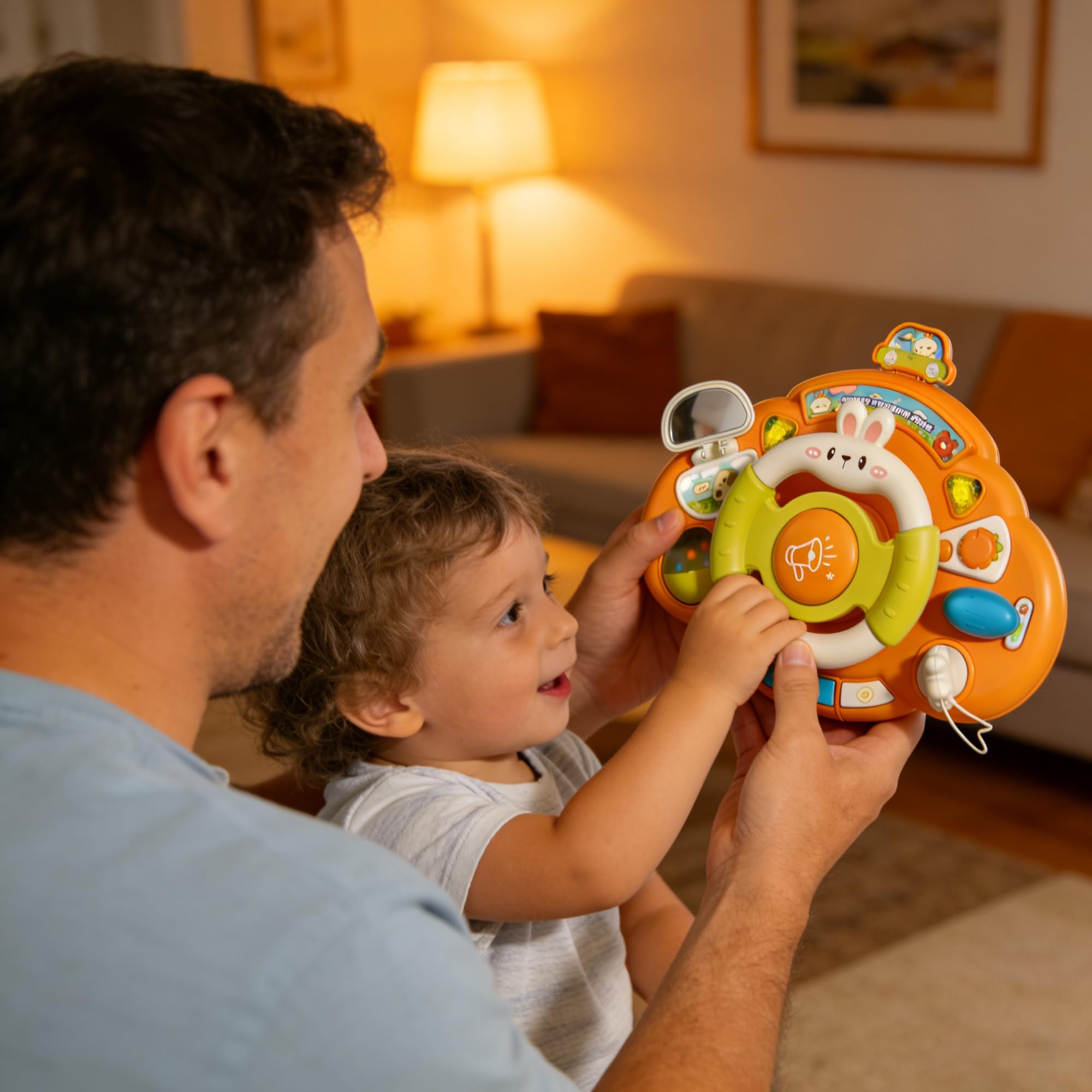 SUQ Coniglio Volante Per Auto Per Bambini, Auto Di Collegamento, Si Muove Con La Rotazione Del Volante, Giocattolo d'Imitazione Per Guida Simulata Con Rotazione a 360°Effetti Luminosi e Sonori