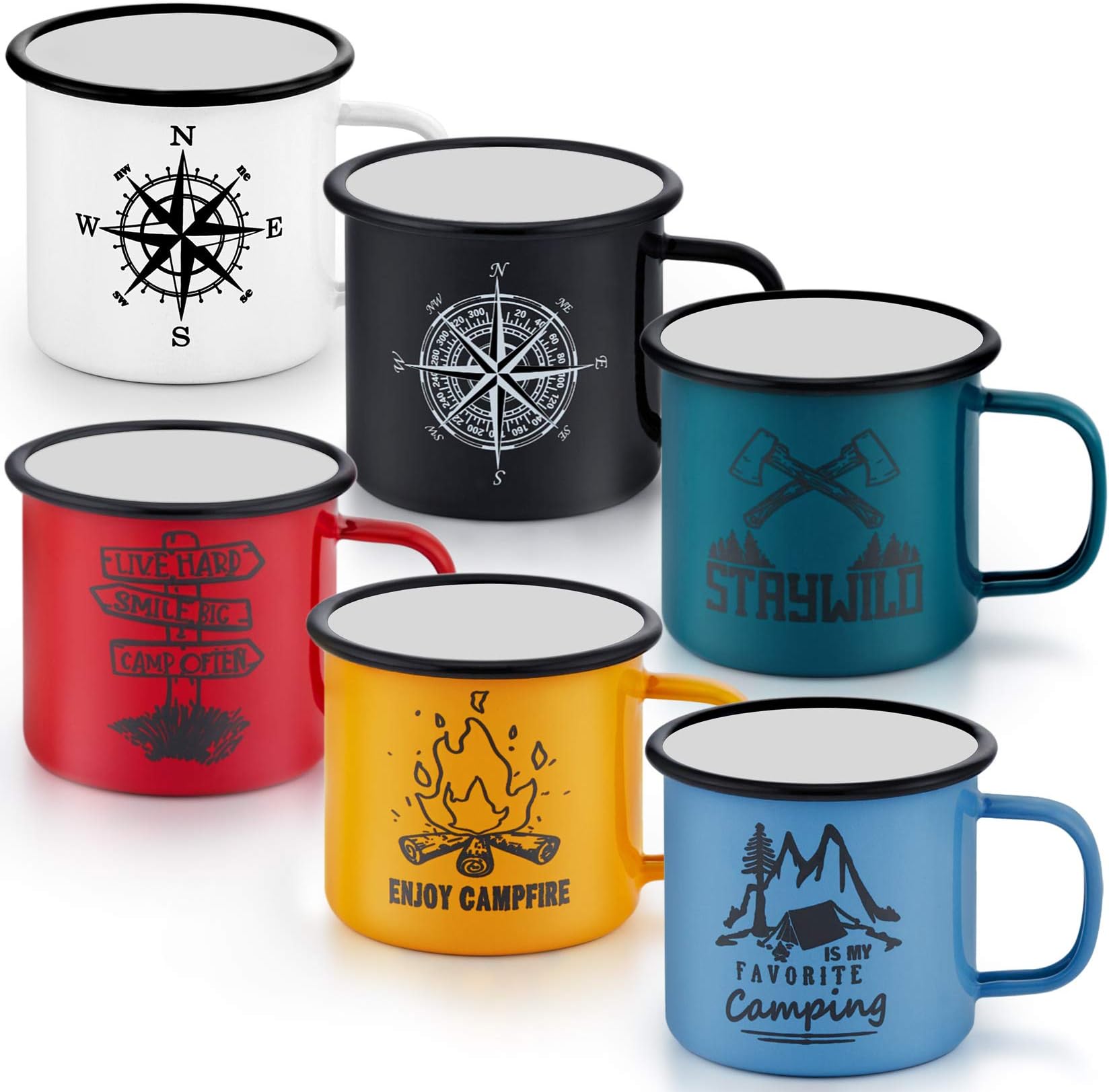 16 Oz Enamel Mug Coffee Cup Set of 6, P&P CHEF Camping Enamel Mug with Patterns & Handle for Tea Soup Milk, Corlorful Gift for Camp Home Office, Lightweight & Durable