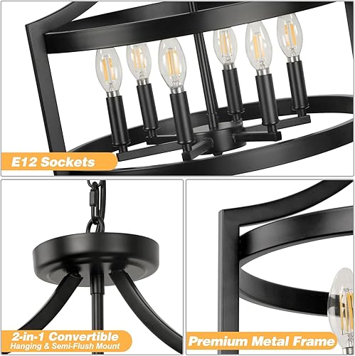 Miniatura 6 de LynPon Candelabro grande y moderno de granja de 19 pulgadas, lámpara de techo convertible semiempotrada, lámpara colgante de jaula redonda rústica