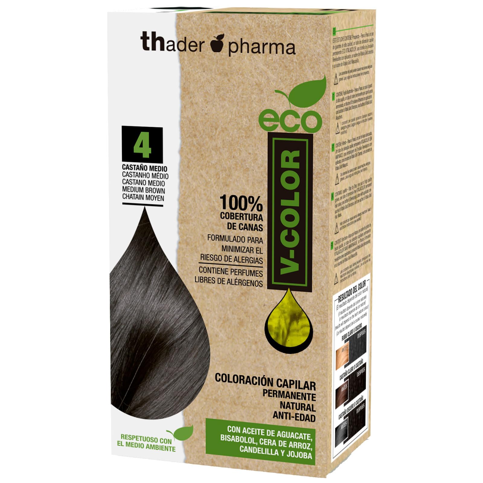 Thader Th Pharma ECO V-Color Permanent Hair Color Kit Ammonia-Free 100% Gray Coverage, 120 ml (No. 4 Medium Brown)