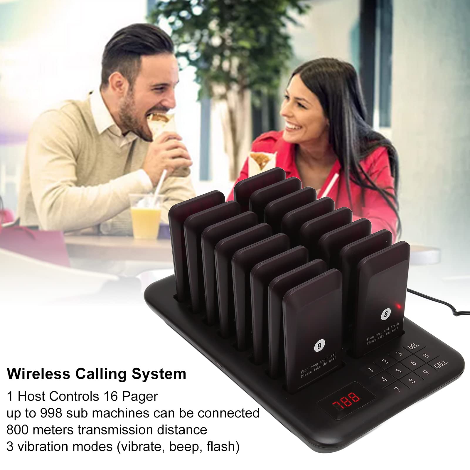 Cercapersone Portata 800 Metri, Chiamata Wireless per Ristoranti con 3 Modalità Vibrazione, 16 Ricevitori, Batteria 250mAh 20 Ore, Ideale per Personale in Attesa