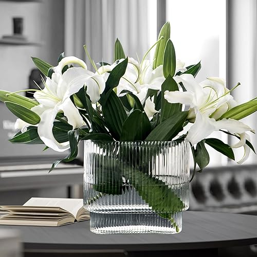 Miniatura 4 de Jarrón alto de cristal transparente  Jarrón cilíndrico acanalado de boca ancha  7.1 pulgadas lindo y moderno centro de mesa redondo grande