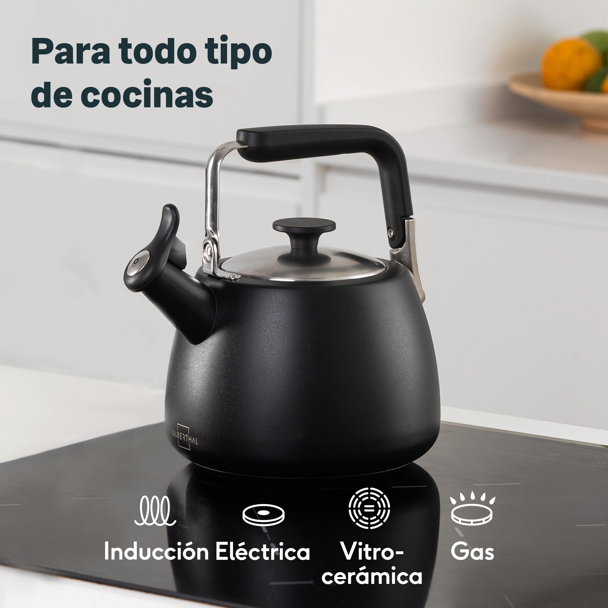 SILBERTHAL Hervidor de agua silbante 2,8l - Acero inoxidable - Tetera con silbato inducción y gas - Negra