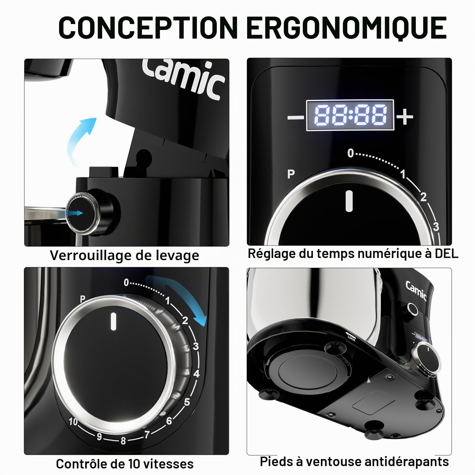 Camic Robot Pâtissier avec 3 Accessoires (Pétrissage, Mélange, Fouet), Robot Patissier avec écran LED, Minuterie, 10 Vitesses, 2 Bols en Acier Inoxydable (4 L + 5 L), pour Pâte, Pain, Pizza, Pâteaux