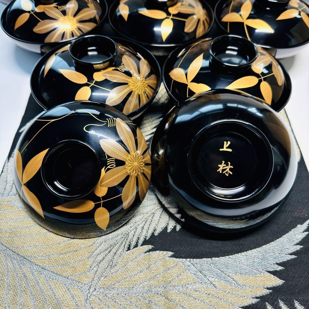 Amazon.co.jp: 謹製 漆器 輪島塗 本蒔絵 黒鉄仙 木製 蓋付椀 お煮物椀  