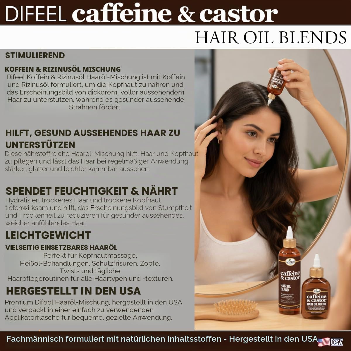 Difeel 99% natürliches Premium-Haaröl – Koffein & Rizinus; schnellstes Haarwachstum; Haaröl 227 ml