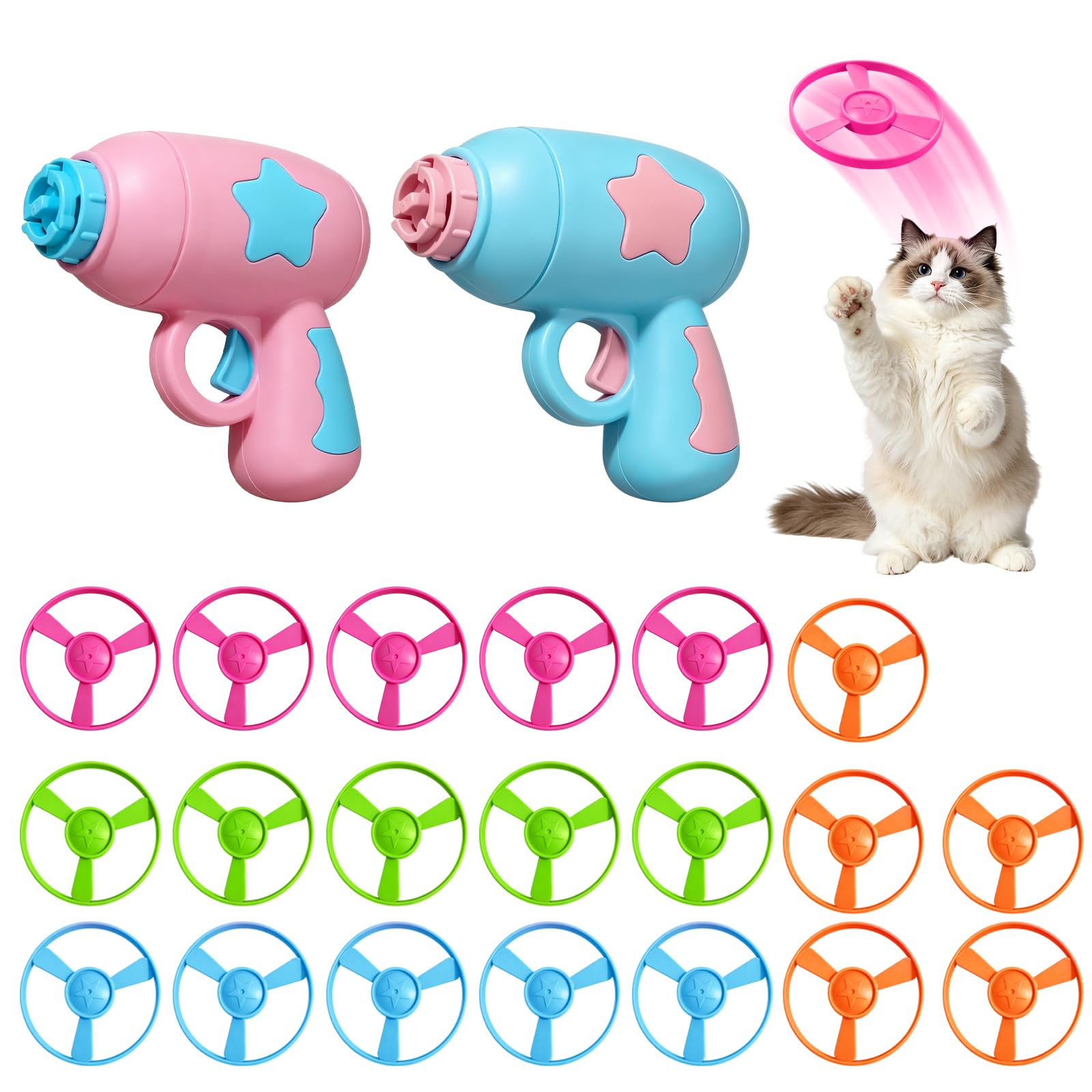 QINGWANGDA Cat Fetch Toy Flying Disc Launcher Toy With 2 Shooters & 20 Colourful Propellers Versatile Cat Toys for Indoor and Outdoor Chasing Hunting and Exercise Training for Kittens Light Blue-Pink
