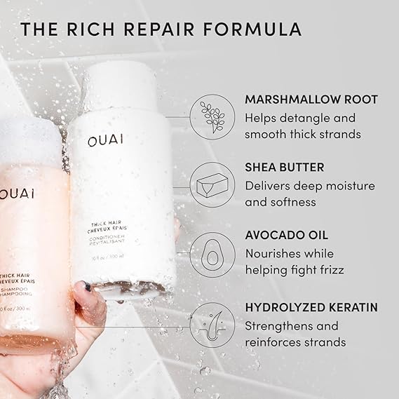 OUAI Thick Hair Shampoo and Conditioner Set - Sulfate Free Shampoo and Conditioner for Thick Hair Care - Moisturizes, Strengthens & Fights Frizz - Made with Keratin & Shea Butter (10 Fl Oz)