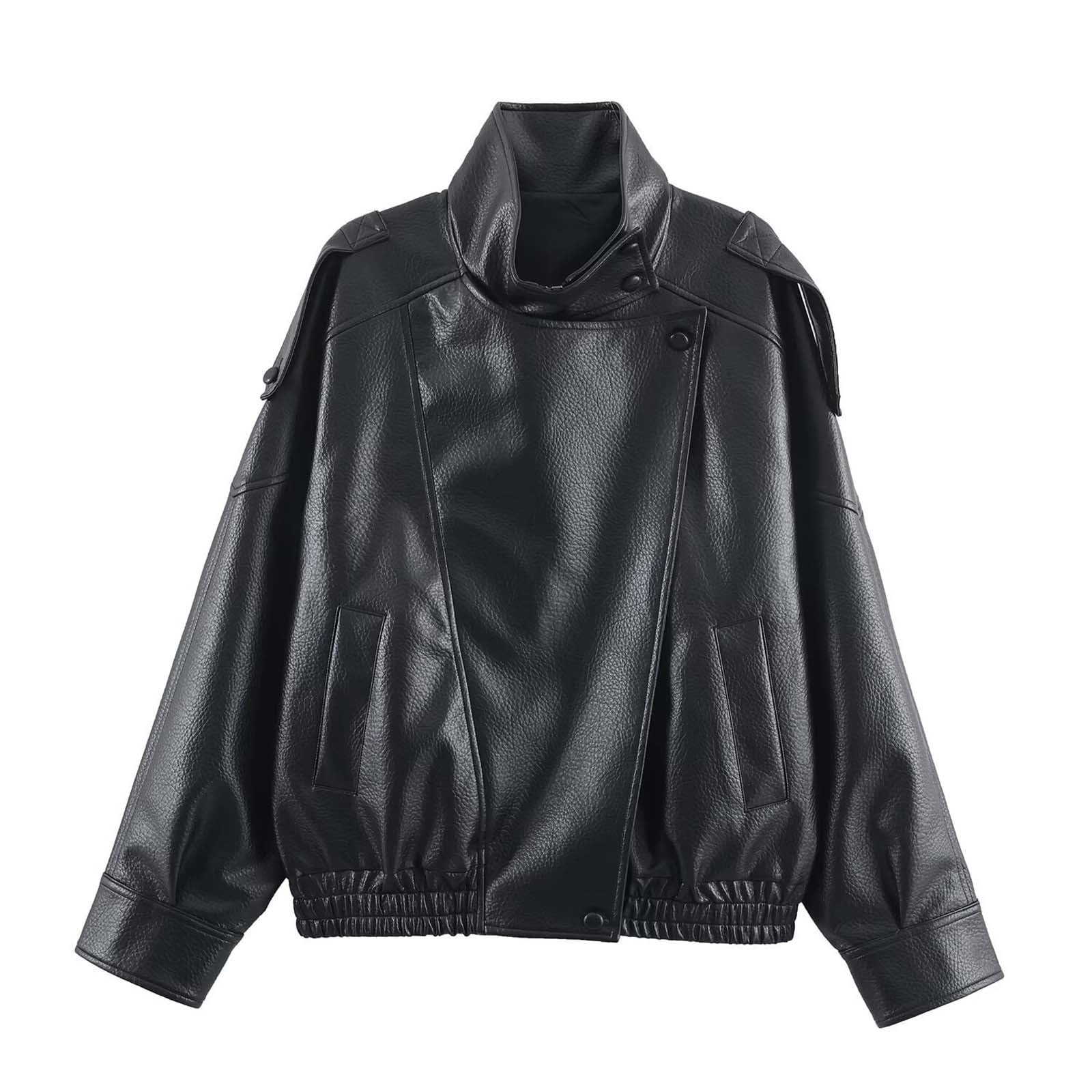 Generisch Chaqueta de piel para mujer, retro, cuello alto, abrigo corto, chaqueta de piel sintética, moderna para otoño e invierno, manga larga, abrigo de moto, chaqueta de entretiempo, chaqueta