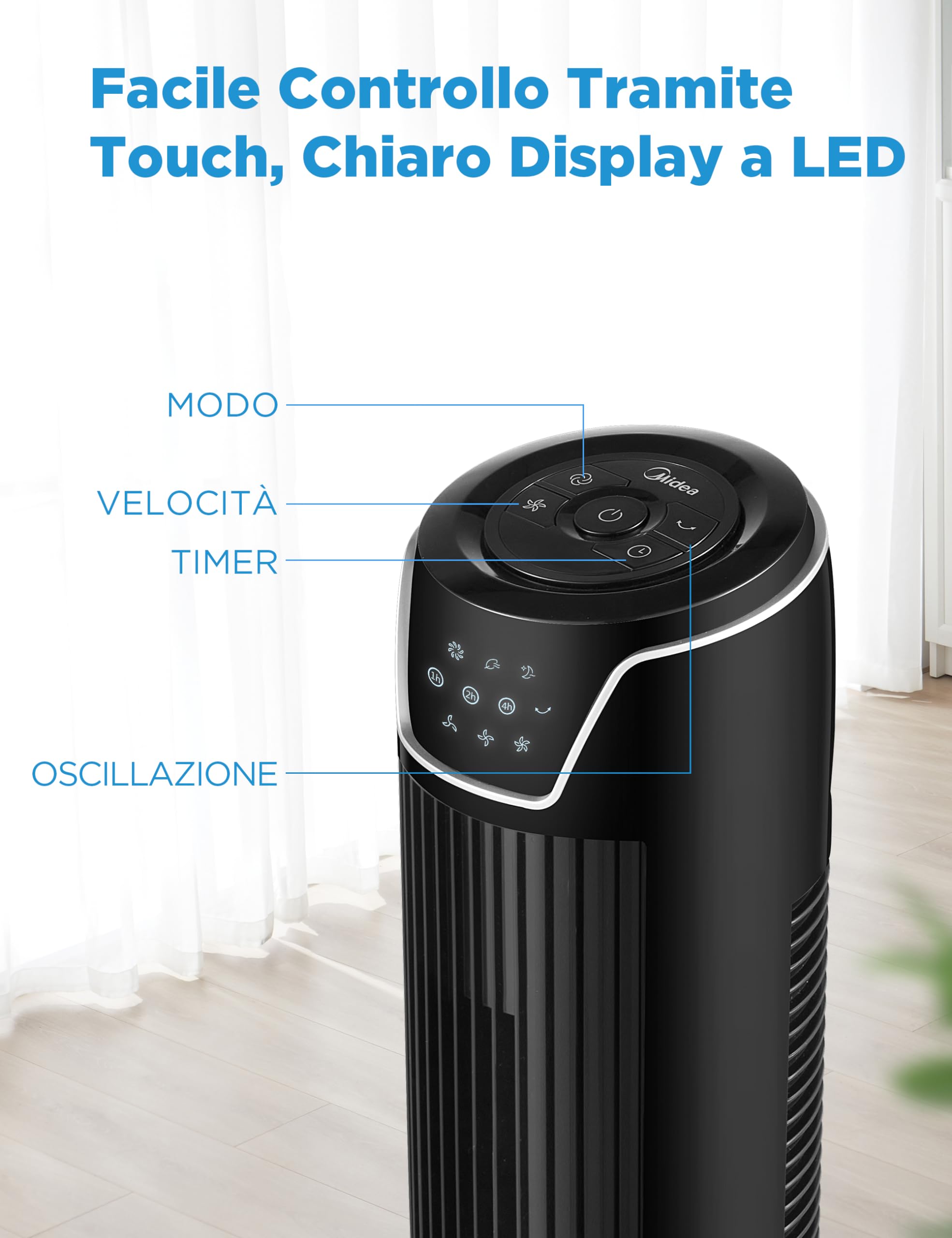 Midea FZ10-17JR Ventilatore a Torre Silenzioso con Telecomando 92CM，Timer 7 ore, 3 Modalità, 3 Velocità, Ventilatore 45W, Oscillante 90°Nero