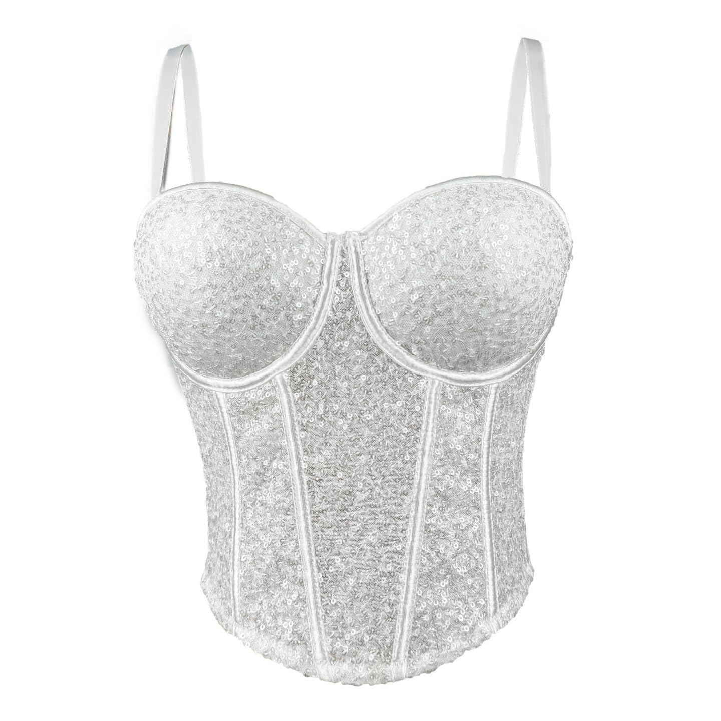 LIUYUYOUGO Sequin Corset Top Women Shiny Glitter Bustier Corset Wedding Party Crop Top Bra Vest Sexy Spaghetti Strap Push Up Corset Top Sparkly Boned Corset Camisole Bodyshaper White M