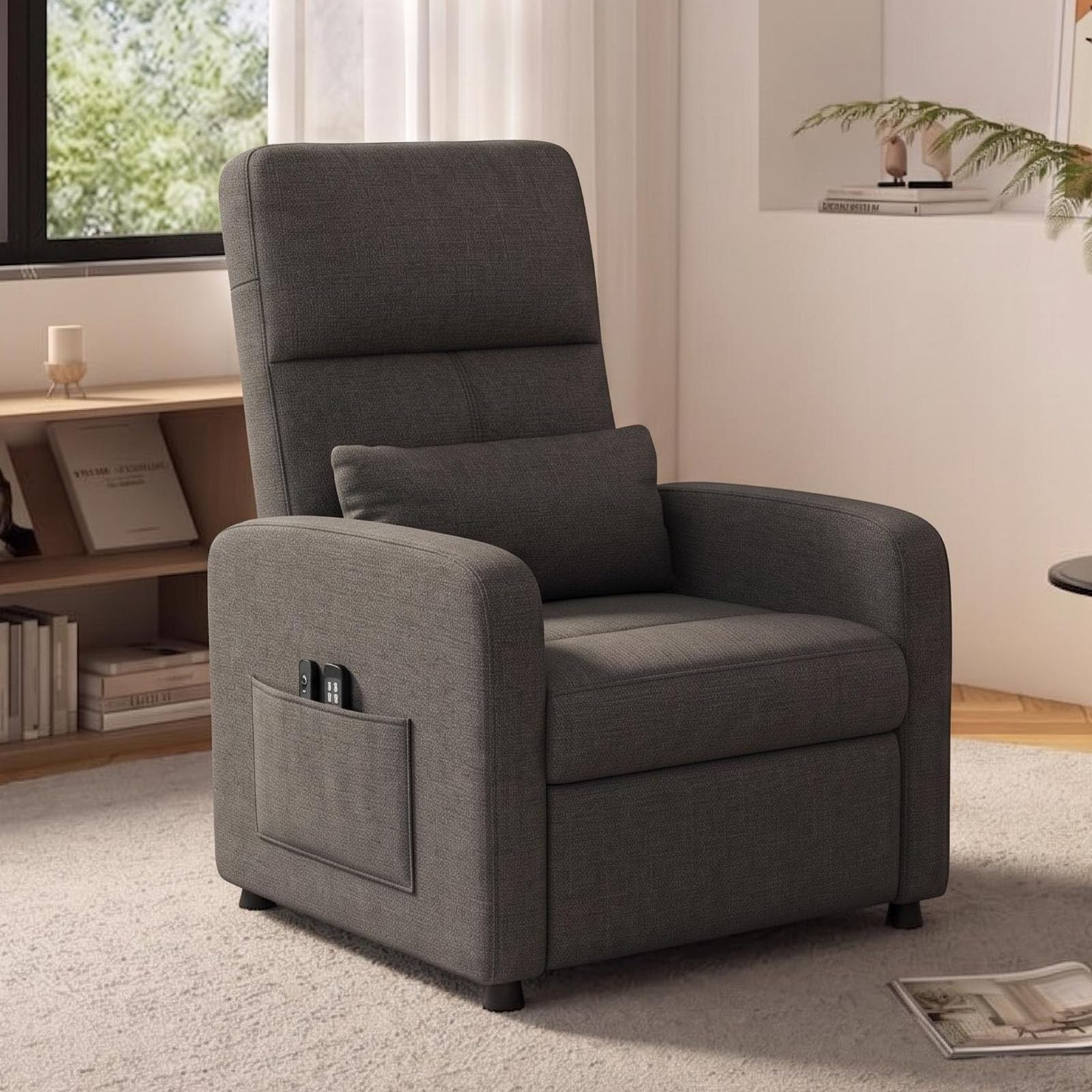Litake Sillón Eléctrico Reclinable con Masaje y Calefacción, Sillón Relax con 4 Puntos de Masaje y Calor, Tapizado de Lino, Estructura de Hierro, para Sala de Estar, Puerto USB, Marrón