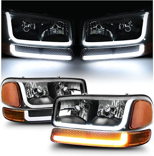 M-AUTO Switchback - Tira de faros delanteros LED DRL de 4 piezas + lámparas de parachoques compatibles con GMC Sierra 150099-04 250001-07 1500