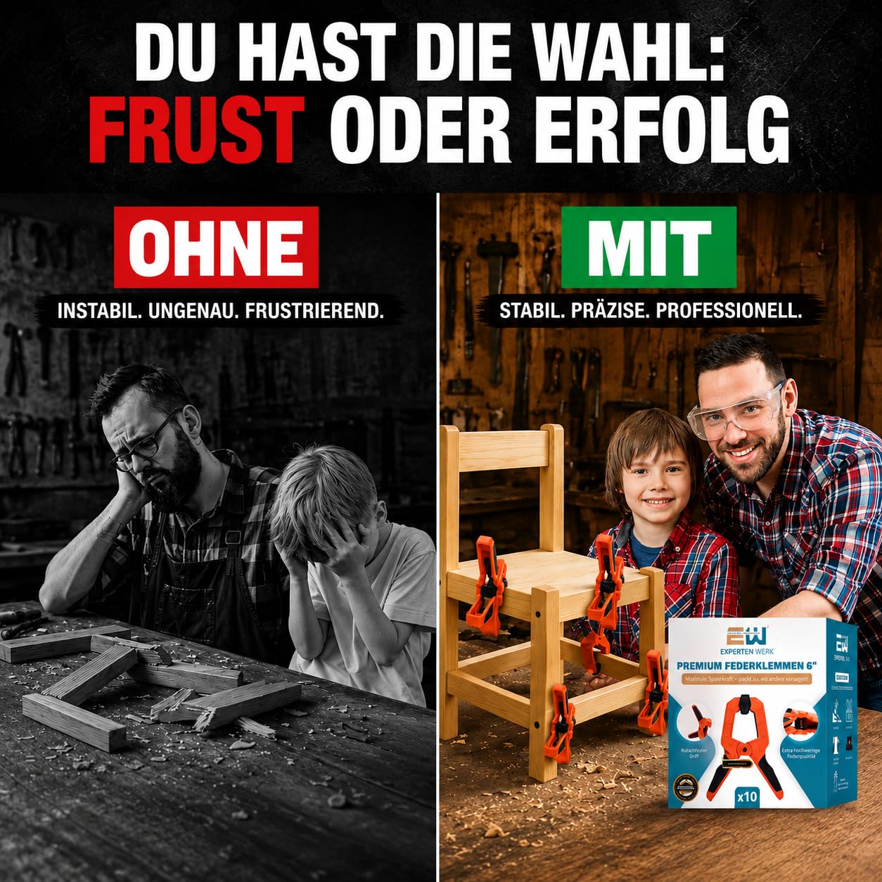 ExpertenWerk Klemmzwingen 10er Set für DIY, Werkstatt, Pool & Fotografie – extra starke Federklemmen mit 8 cm Spannweite & 15,4 kg Spannkraft – rostgeschützte Hochleistungsfeder – Designed in Germany