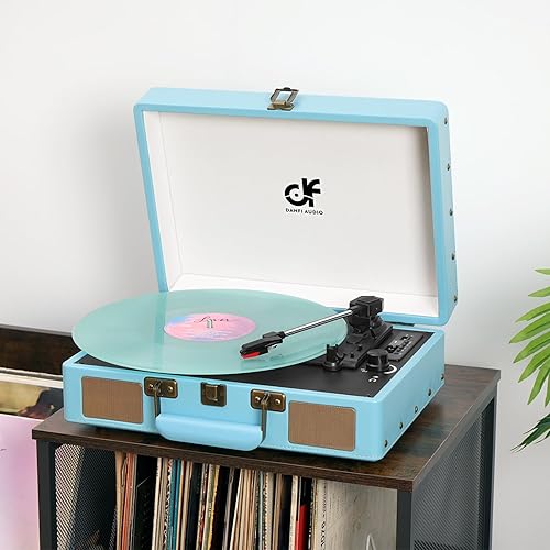 Miniatura 5 de Tocadiscos portátil de maleta con Bluetooth vintage con altavoces integrados, tocadiscos de 3 velocidades con grabación de audio de vinilo USB,