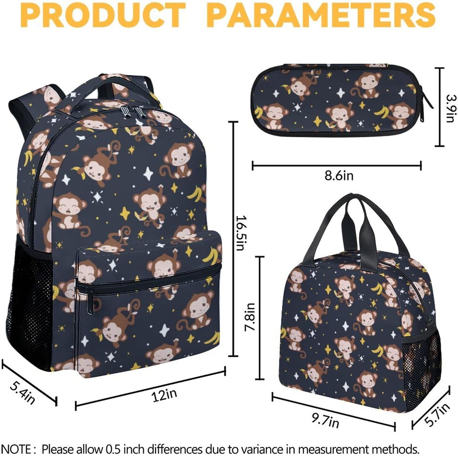 Backpack with Lunch Box Set, 3Pcs Cartoon Monkey Backpacks Matching Combo for Girls & Kids, Cute Black Bookbag and Pencil Pouch Bundle