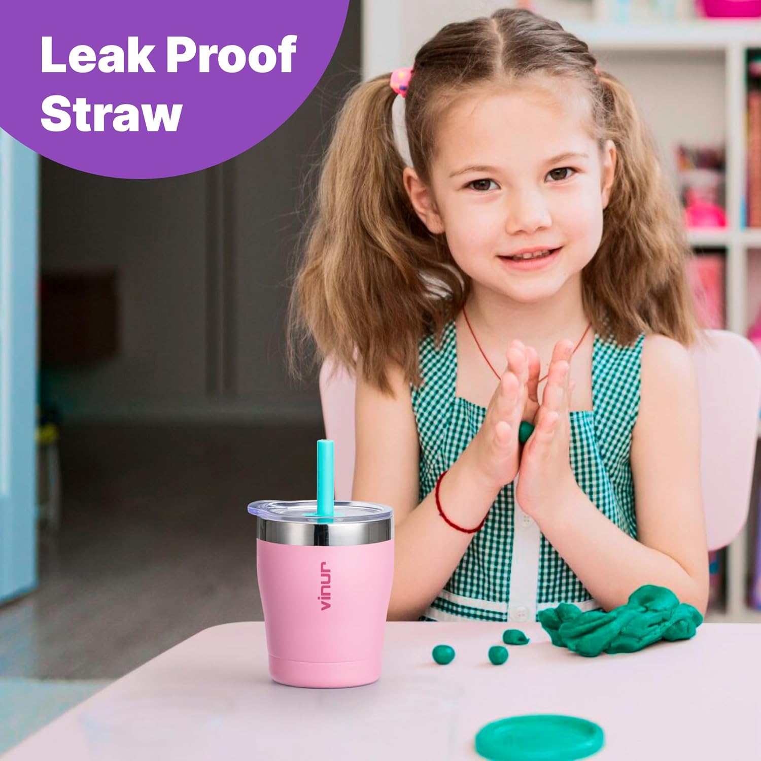 VINUR Kids Cup with Lid and Straw-9 oz Stainless Steel Vacuum Insulated Tumbler with Rubber Base|For Kids 6+| BPA-Free, Purple - Image 7