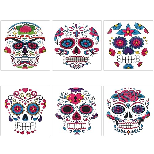 Miniatura 2 de Tatuajes faciales temporales de Halloween (paquete de 6), maquillaje de Konsait Día de los Muertos, que brilla en la oscuridad, calavera de azúcar,