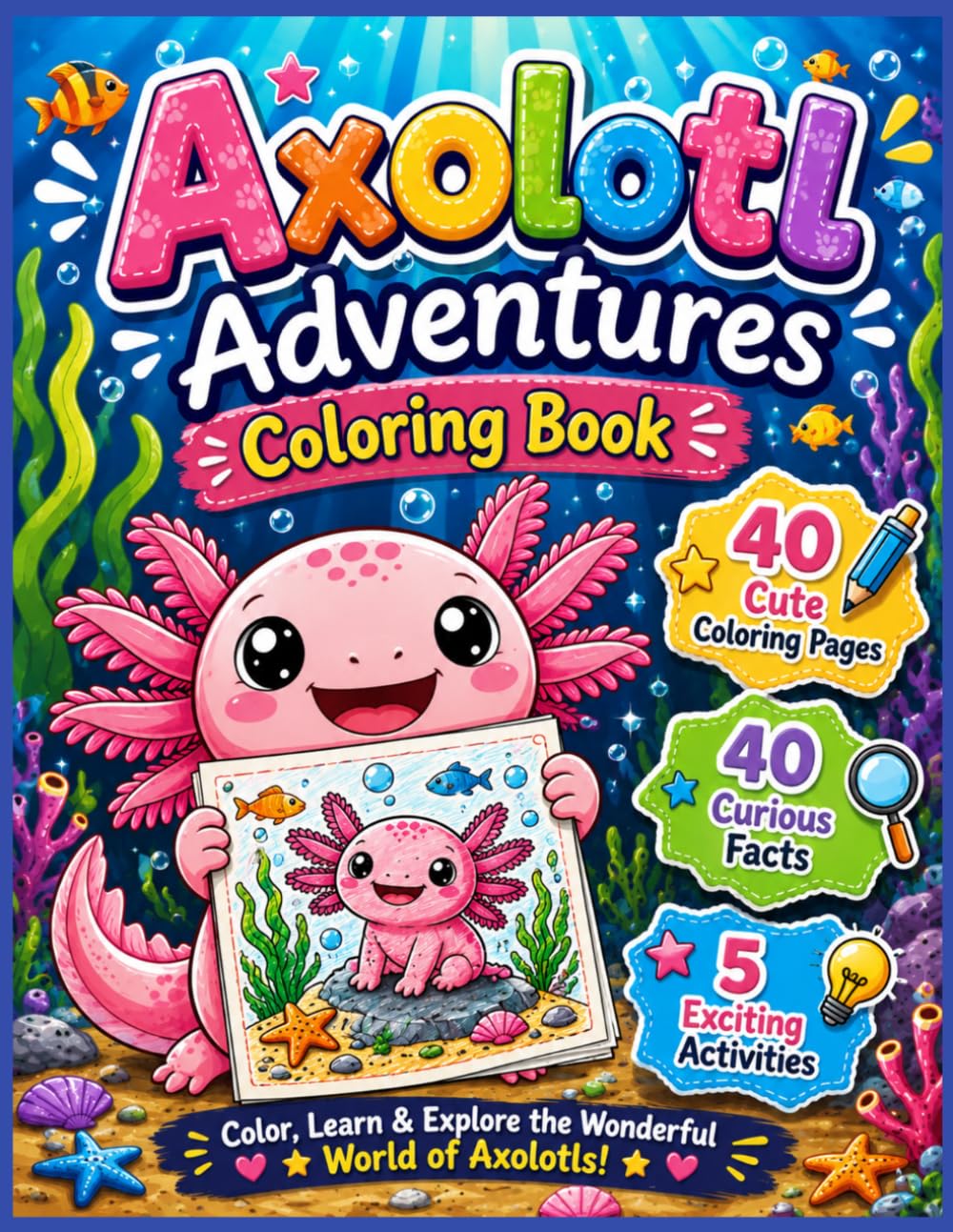 Axolotl Coloring Book for Kids Ages 6-10: 40 Cute Coloring Pages, 40 Curious Facts & 5 Exciting Activities for Kids | Kawaii Style