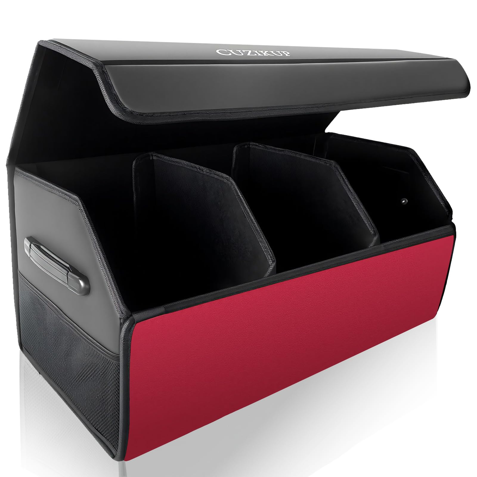car trunk organizer for suv sedan,extra large?premium pu leather foldable cargo storage box with magnetic lid,multi-compartment collapsible trunk organizers (black-red)