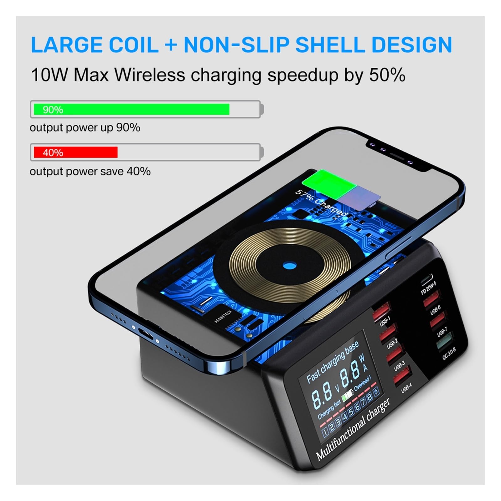 Stacja ładowania, 8-portowa ładowarka USB o mocy 100 W z ładowaniem bezprzewodowym, cyfrowym wyświetlaczem LED, szybką ładowarką QC3.0 PD