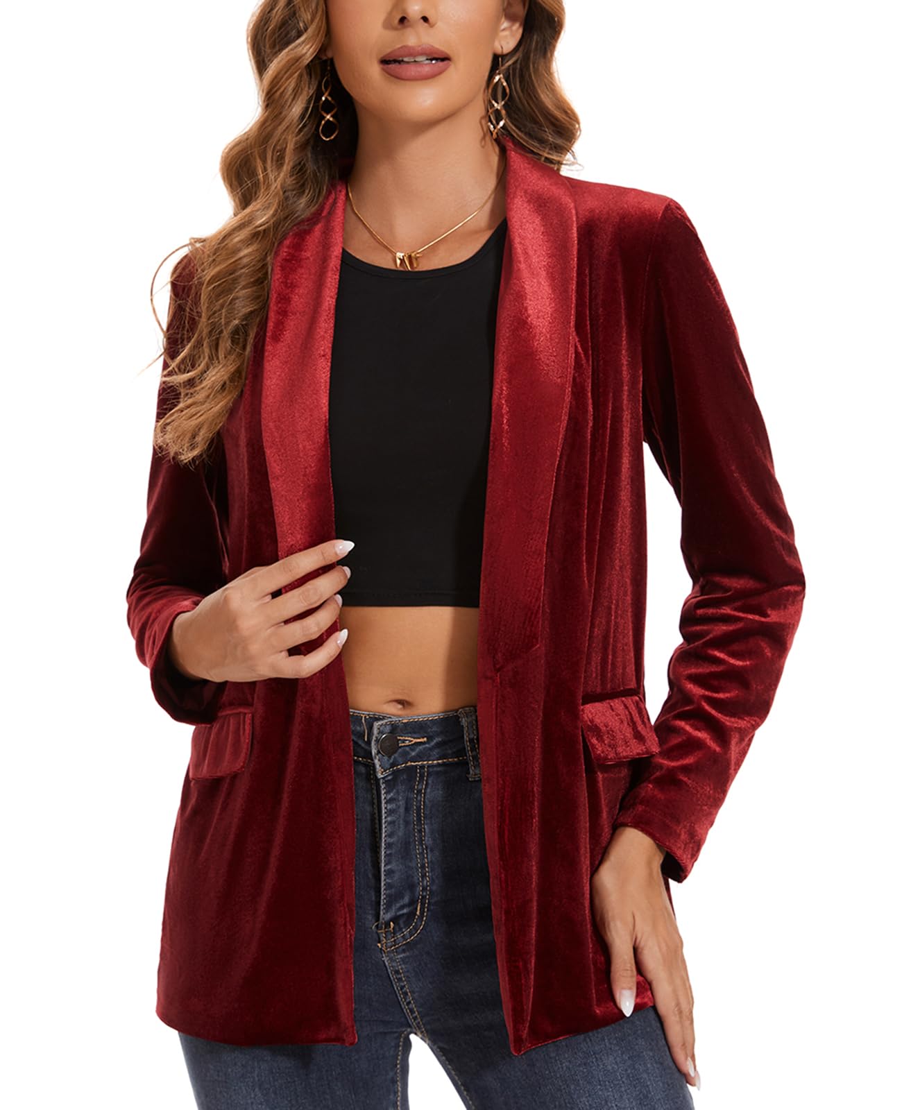 MINTLIMIT Womens Long Sleeve Velvet Cardigan Jacket Shawl Collar Open Front Vintage Blazer with Pocket Wine Red -