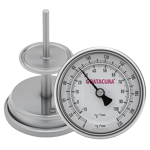 Termómetro bimetálico higiénico, acero inoxidable completo, tamaño de esfera de 3", vástago de 4", triple abrazadera de 1.5", 0-220 grados F-10-100