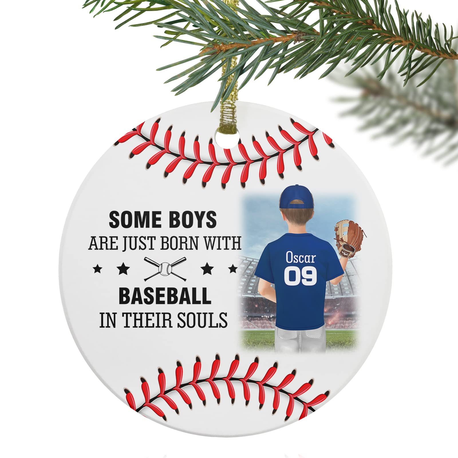 Personalized Christmas Ornaments, Some Boys are Just Born with Baseball in Their Souls Custom Ornaments Double Sided, Softball Customized Ceramic Ornament Round Hanging Decorations Gift for Xmas 3