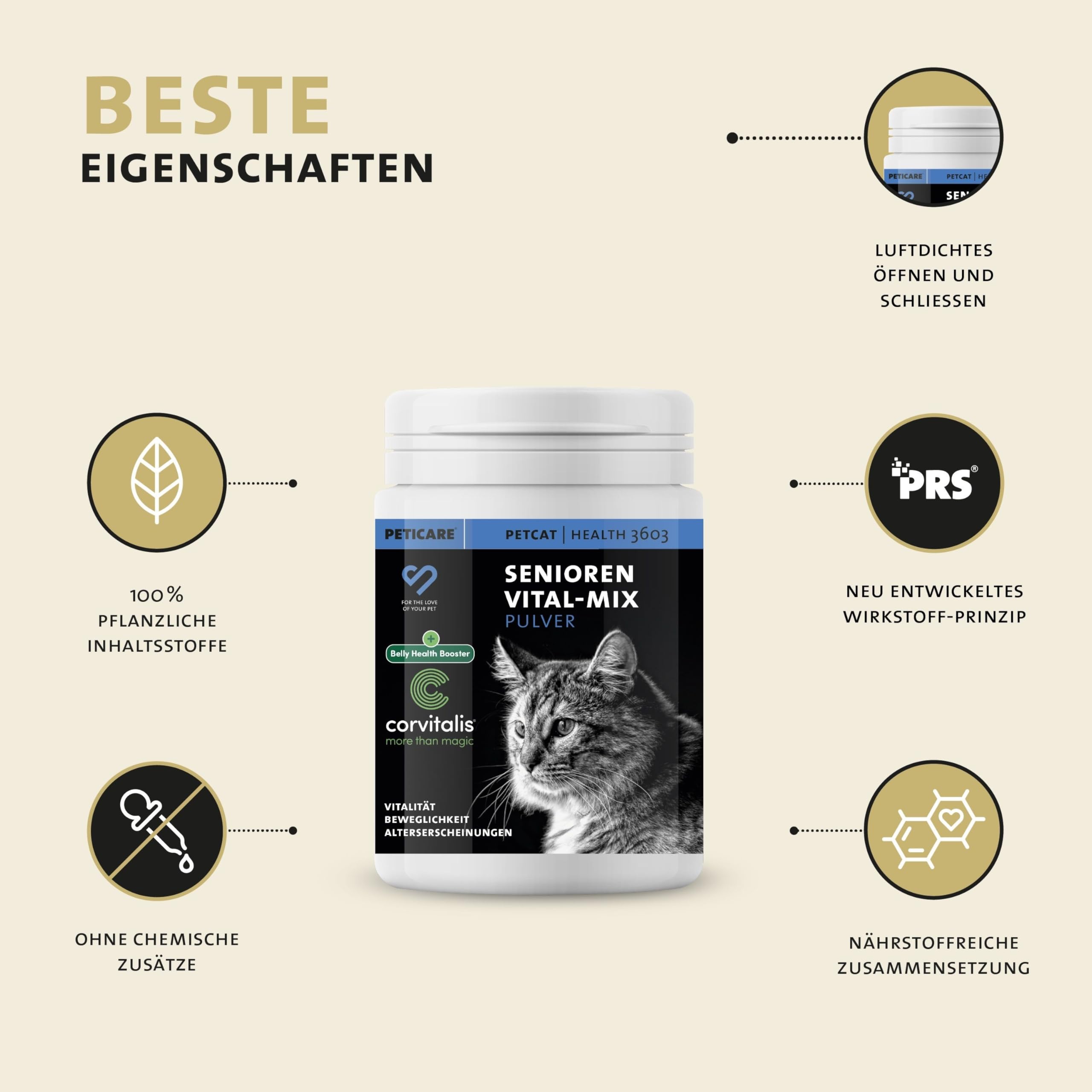 Peticare Senior Aktiv Vital Mix Pulver für alte Katzen | Natürliches Ergänzungsfutter-Mittel mit Grünlippmuschel, MSM, Curcuma | fördert Immunsystem & bei Mangelerscheinungen | petCat Health 3603