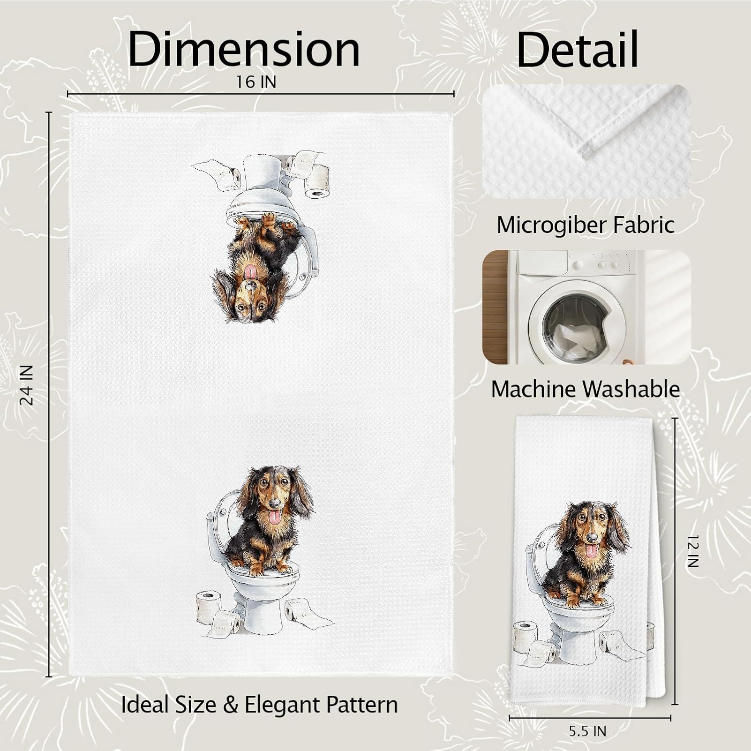 Funny Long Haired Dachshund Bathroom Hand Towels Set of 2, Dogs Decor for Bathroom, Dachshund Gifts for Women, Funny Dogs Bathtub Decorative Toilet Hand Towel for Washroom Restroom 16x24 Inch