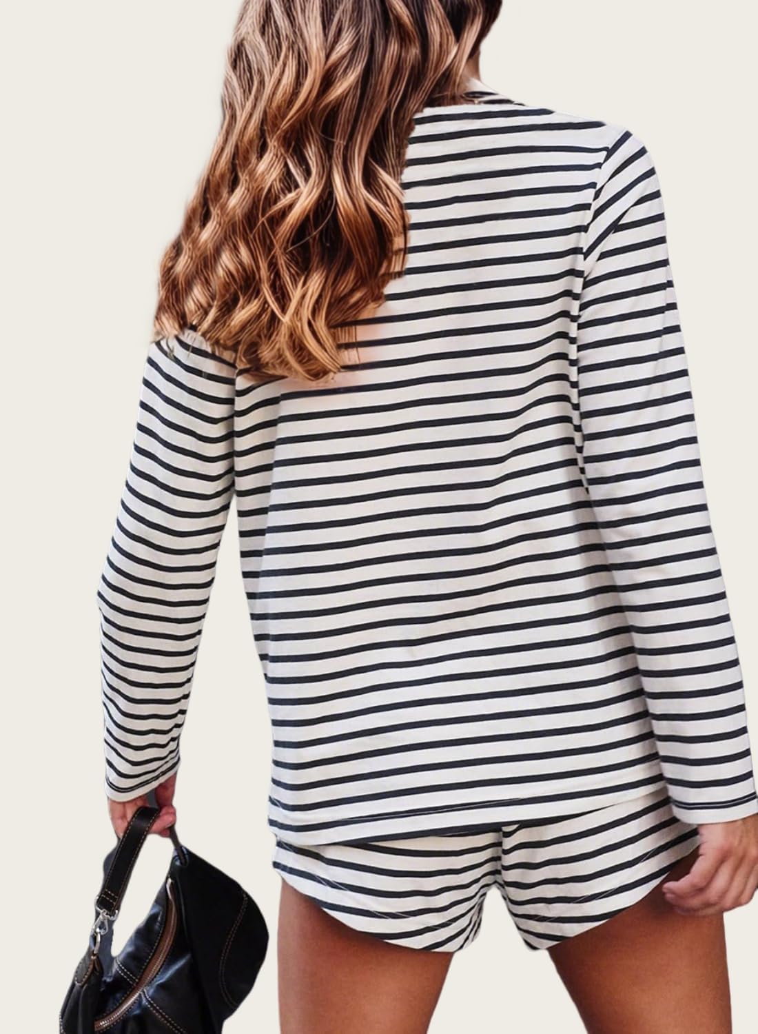 Womens Cotton Pajama Sets Casual Loungewear Set Striped Long Sleeve Tops and Shorts Pjs Lounge Sets with Pockets - Image 4