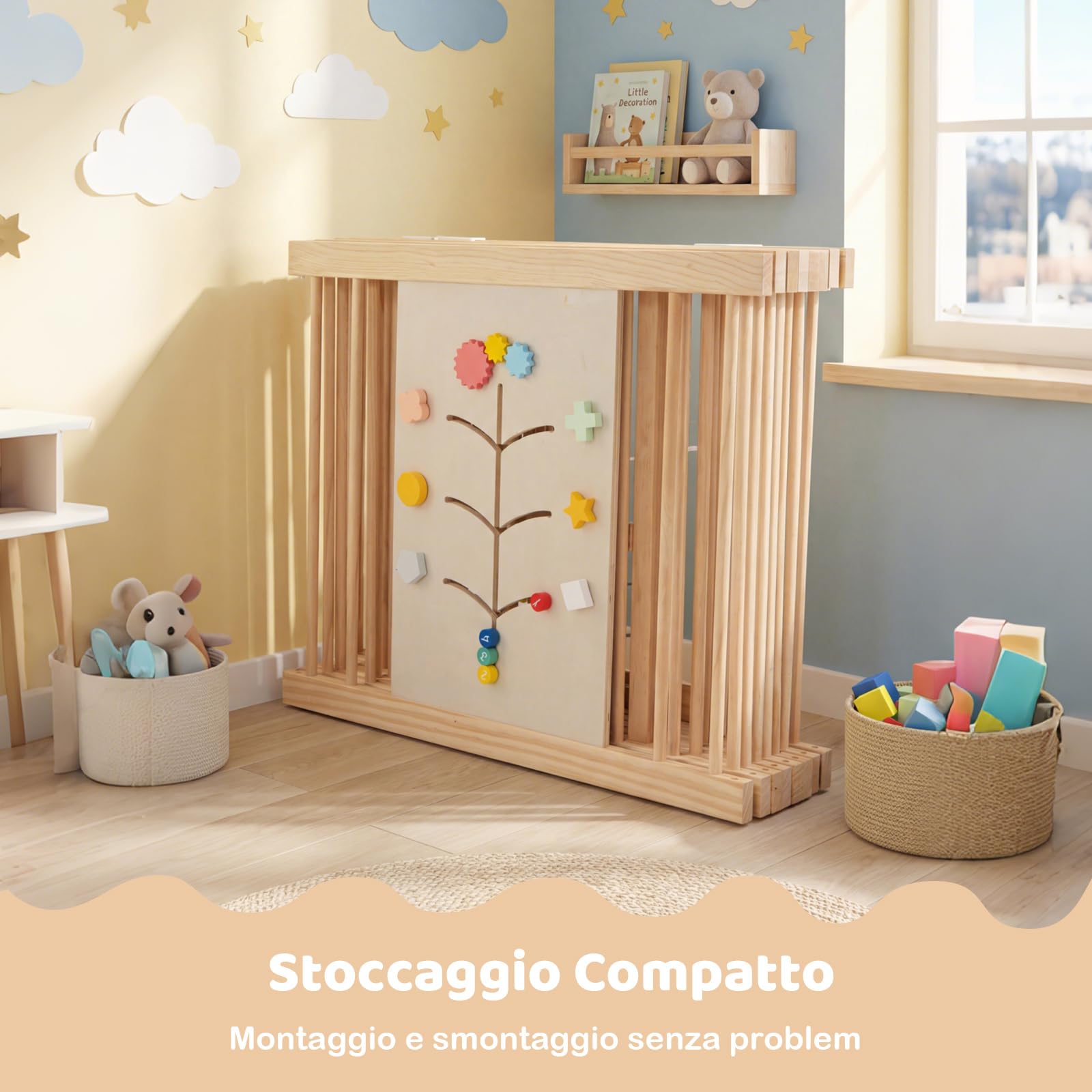 COSTWAY Box Bambini in Legno 160x160cm, Recinto Gioco con Montessori Busy Board, Pannello Sensoriale e Blocco di Sicurezza, Ampia Area Giochi