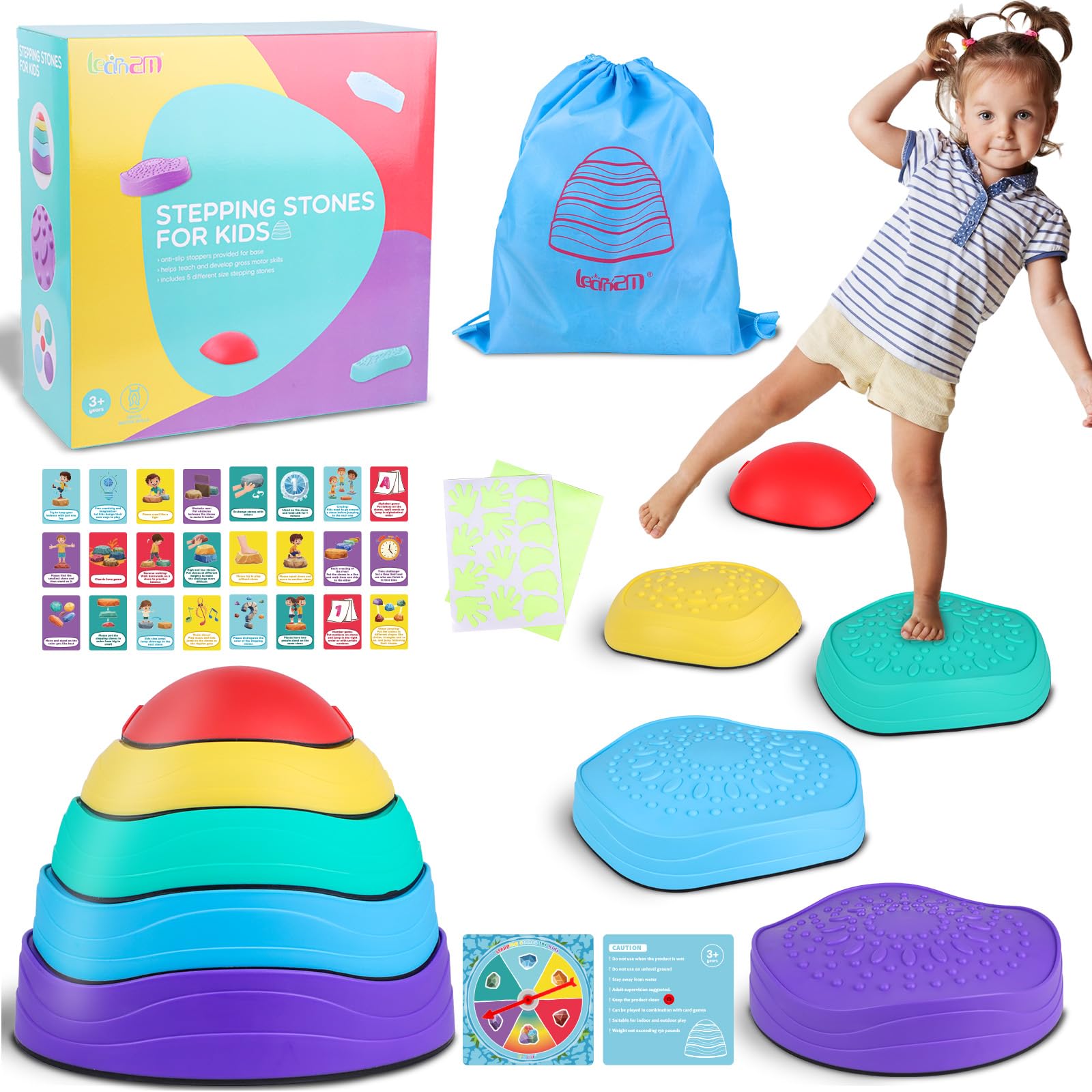 Learn2M Stepping Stones for Kids, 5Pcs Toddler Obstacle Balance Stones with Color Turntable & 24 Game Card,Sensory Coordination Skills Indoor or Outdoor Play Equipment for Kids Aged 3 4 5 6 7 8 Years