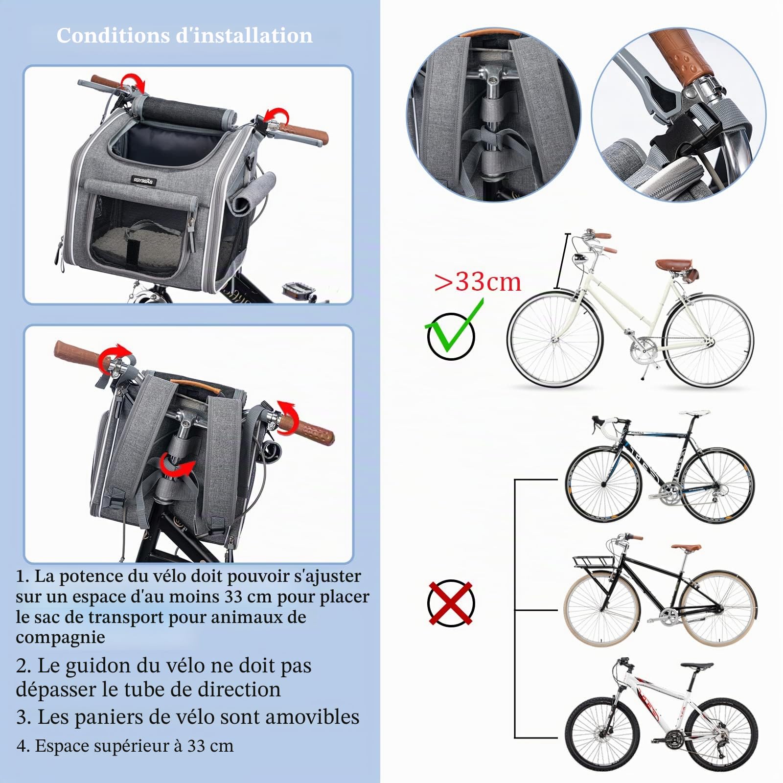 Panier de vélo pour chien, sac à dos de transport souple extensible avec 4 portes ouvertes, 4 fenêtres en maille pour petits chiens, chats, chiots, gris