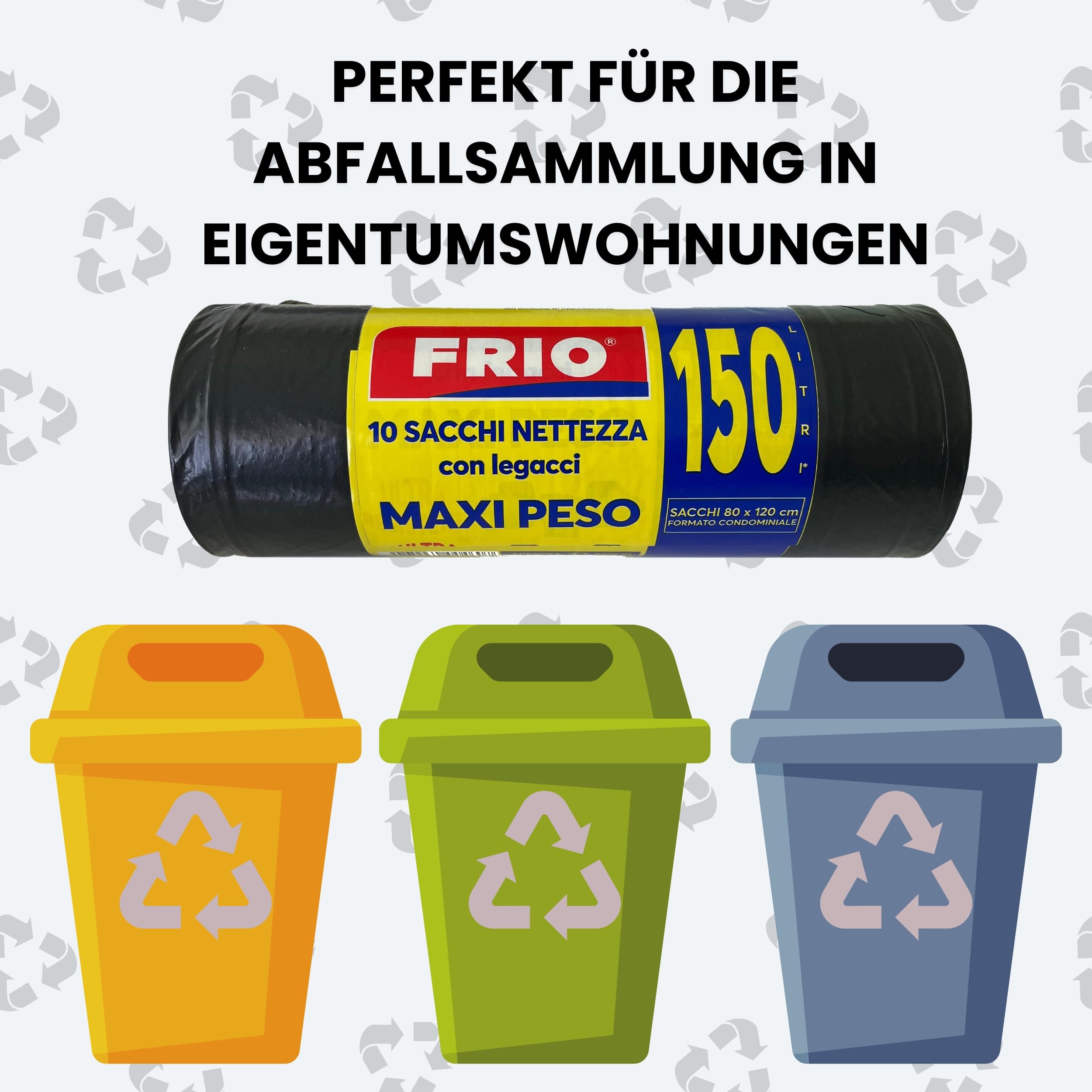 FRIO 200 große schwarze Müllsäcke, 150 Liter, Müllbeutel für Gemeinschaftsmüll, Vorratspack für Mülltrennungstonne, mit Verschlussbändern; Müllsäcke 80x120 cm, mehrschichtig, reißfest