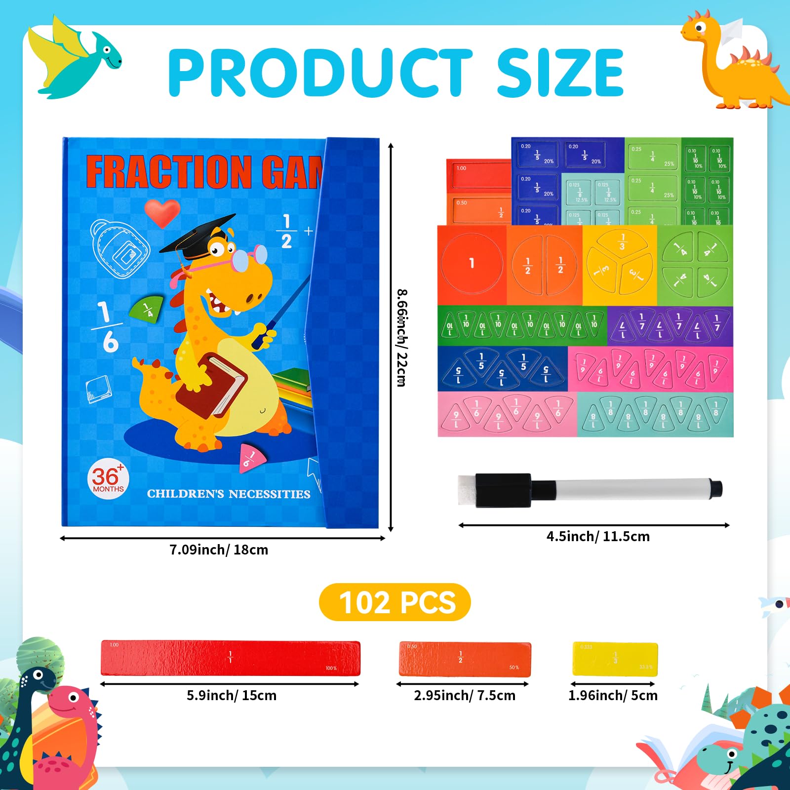 Ycaaeo Fracciones Magnéticas – Libro Y Tabletas Magnéticas De Fracciones – Puzzle Educativo De Matemáticas Para Niños +7 Años (Circular Y Rectangular)