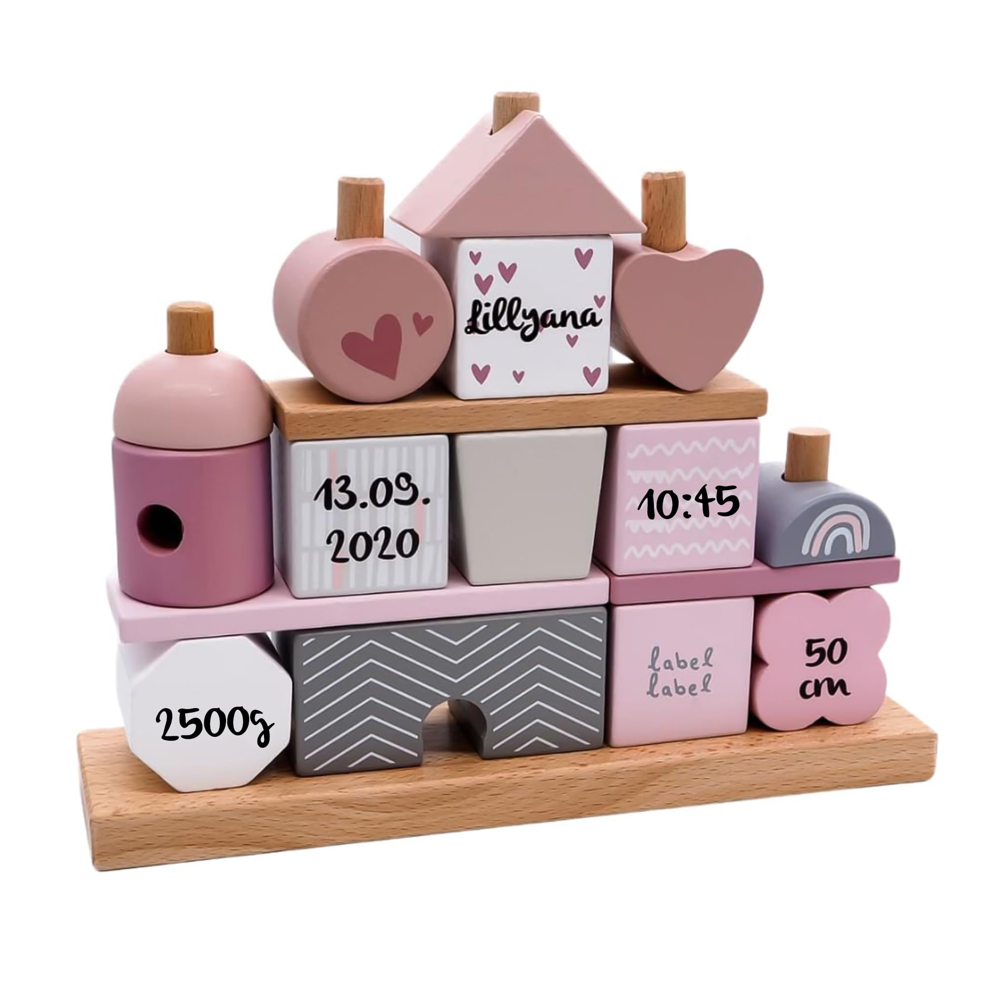 Personalizzabile Casa impilabile in legno Rosa – Sviluppo delle abilità motorie – Dai 18 mesi in su – Personalizzabile con nome e dettagli di nascita – Label Label