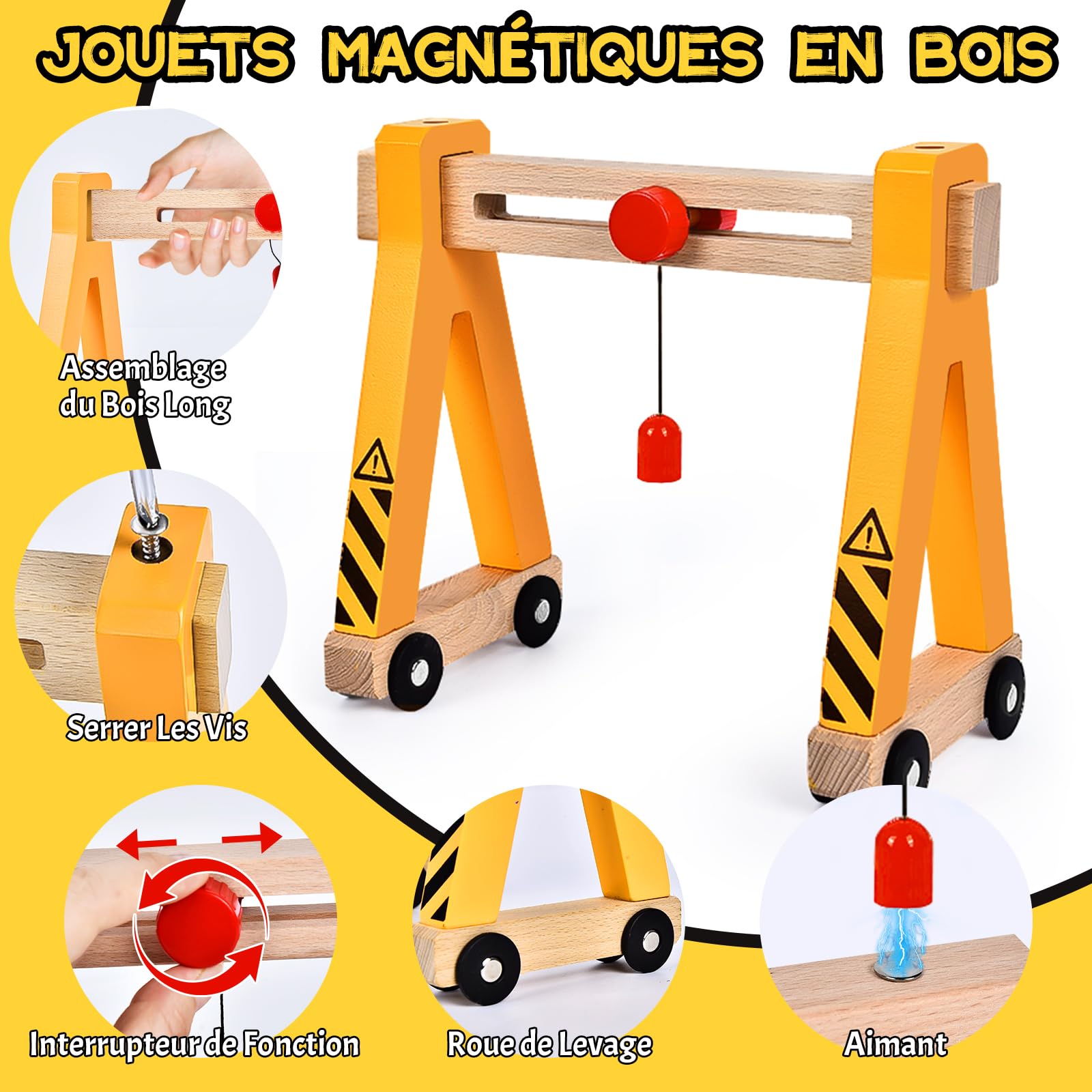 Herenear Véhicule Chantier Jouet en Bois, Voiture Jouet avec Grue à Portique, Excavateur, Grue, Rouleau Compresseur, Cadeau Jeu Educatif pour Enfants Garçon Fille 3+ Ans