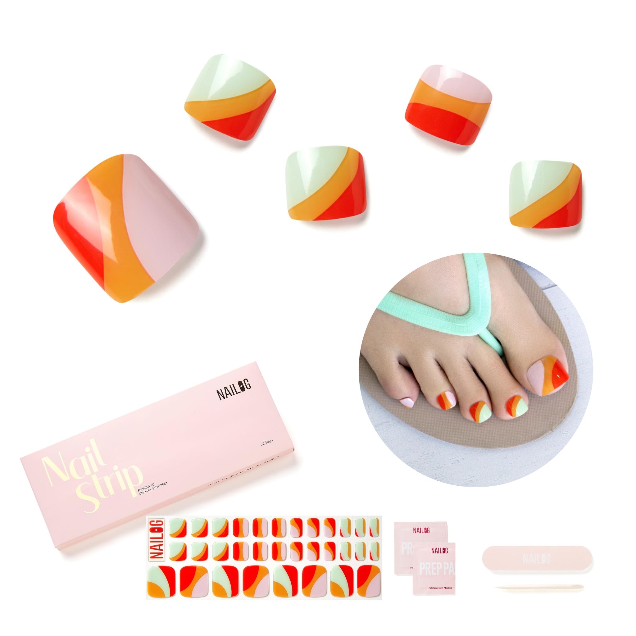 NAILOG Semi Cured Gel Nail Strips, Toe Nail Polish Strips with Glossy Gel Finishing, Lollipop