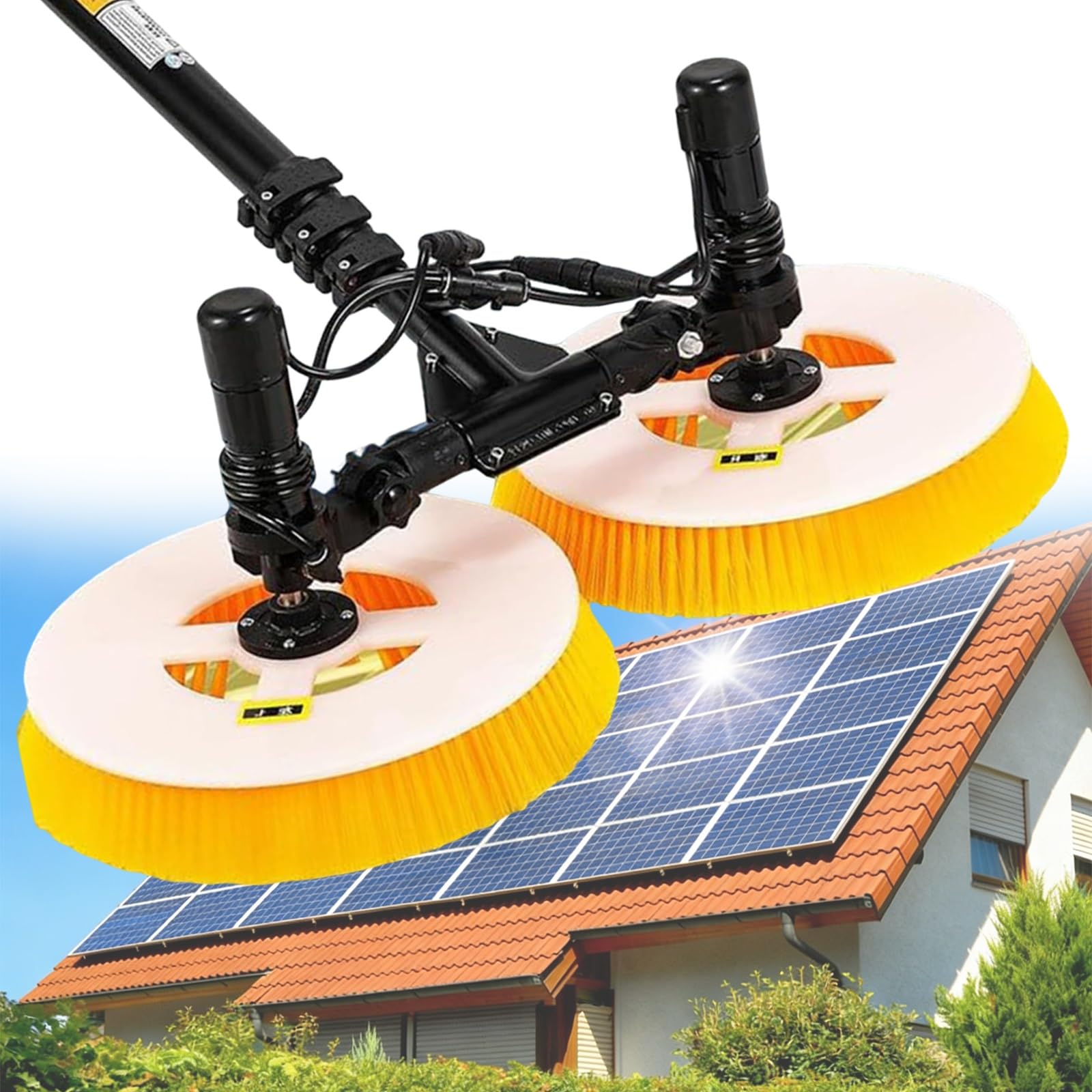 Professionelle Solar-reinigungsbürste für den Außenbereich, Doppelrotationskopf,65cm/25.59in Arbeitsbreite,Teleskopstange, wasserdicht&energiesparend,für PV-Anlagen(Mains Electricity,7.5M)