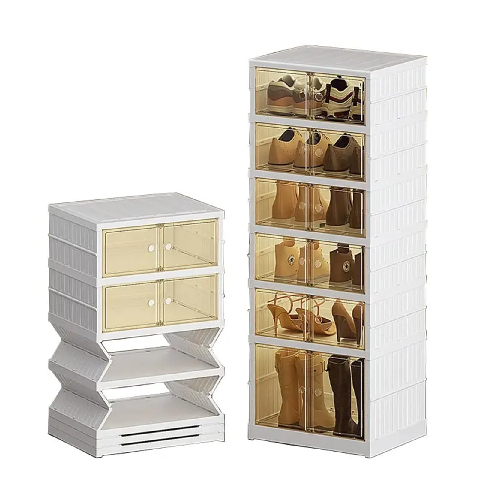 Frlanse 2PCS 6 Tier Easy Assembly Collapsible Shoe Cabinet Foldable Shoe Organizer Stackable Shoe Storage Box with Clear Door for Front Door Entrance