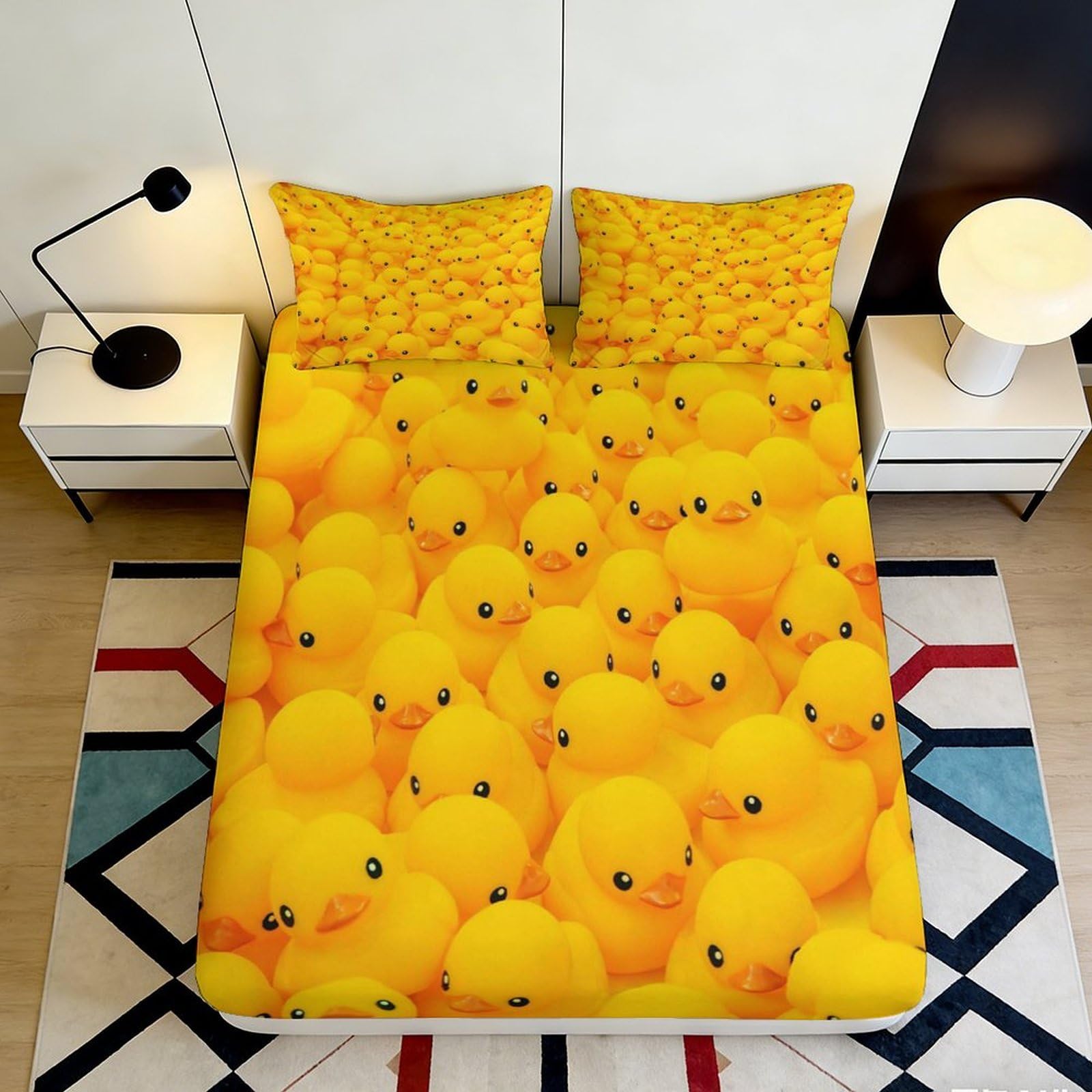 3D Printed Yellow Duck Fitted Sheet Microfiber Soft Cartoon Duckling Bed Cover for Bedroom Dorm Mattress Decor 90x200x25cm